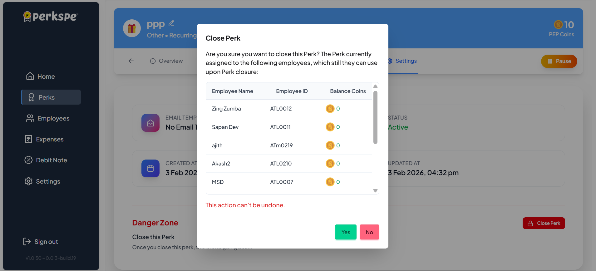 Close Perk Confirmation Dialog