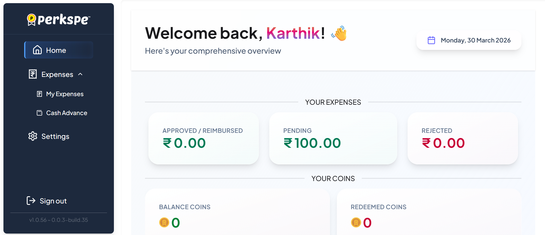Dashboard welcome with expense summary