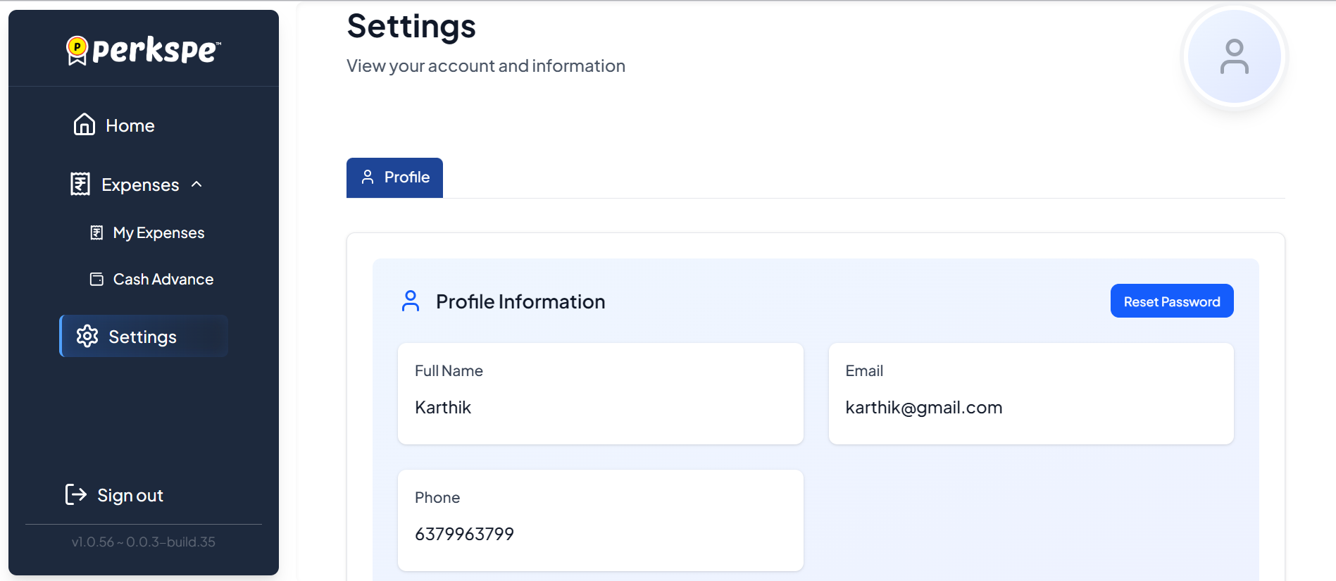 Settings Profile - View and manage your account information, email, phone, and password