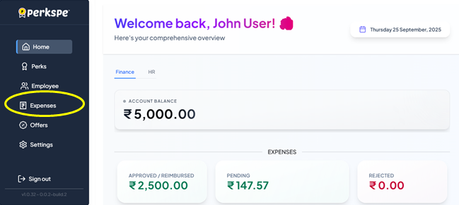Expenses menu highlighted