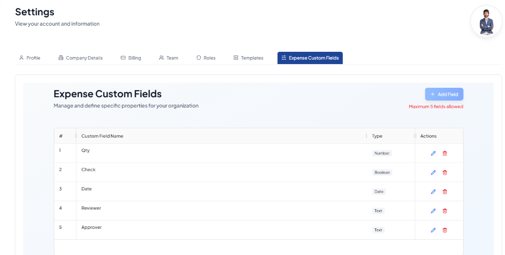 Expense Custom Fields Settings